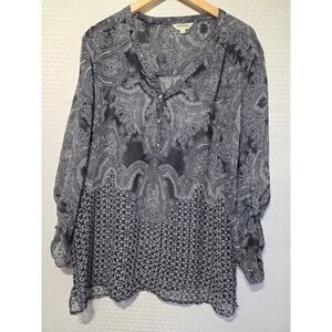 Tantrums Women's XL Sheer Blouse Black White Paisley Geometric Mixed Print Boho